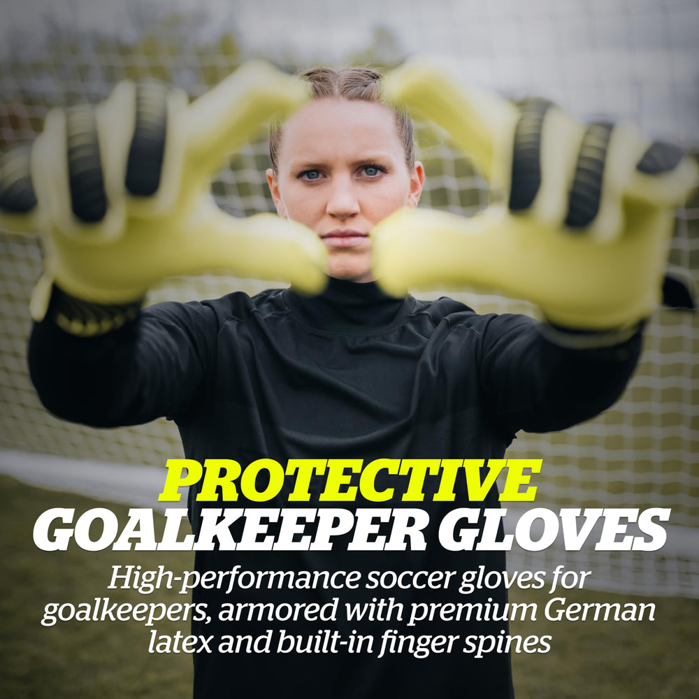 Silencer Sly Goalkeeper Gloves, Soccer Accessories, Sports Equipment, High-Impact Hand Protection with Removable Finger Spines, Unisex, Youth, Glove Bag Included, Black, Yellow, Size 11