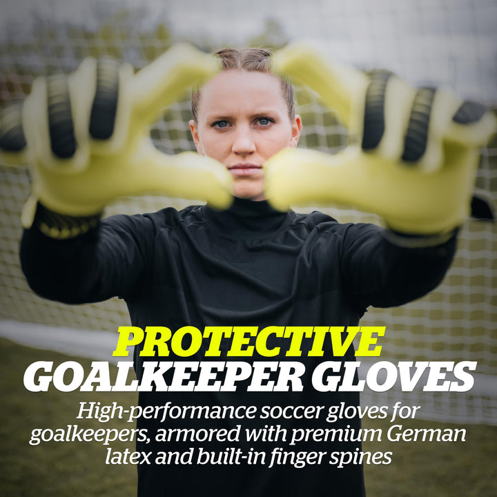 Silencer Sly Goalkeeper Gloves, Soccer Accessories, Sports Equipment, High-Impact Hand Protection with Removable Finger Spines, Unisex, Youth, Glove Bag Included, Black, Yellow, Size 11