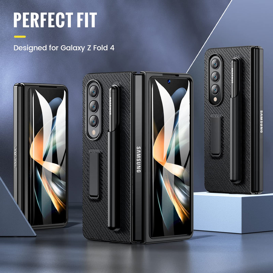 for Galaxy Z Fold 4 Case, Samsung Z Fold 4 Case with Screen Protector & S Pen Holder Built-in Kickstand PU Leather Shockproof Case for Samsung Galaxy Z Fold 4 2022 Released - Carbon Fiber Black