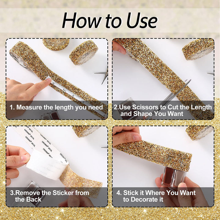 Bling Crystal Rhinestone Ribbon, DIY Self-Adhesive Rhinestone Sticker Ribbon for Wedding Cakes Birthday Crafts Decorations(Gold,0.6 Inch Wide)