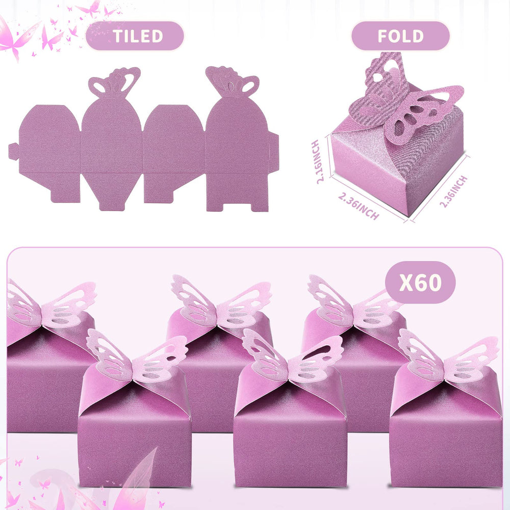 60 Pieces Butterfly Favor Boxes Valentine Chocolate Box Romantic DIY Wedding Candy Box bridal Shower Boxes Birthday Treat Present Wrap Decorations(Purple)