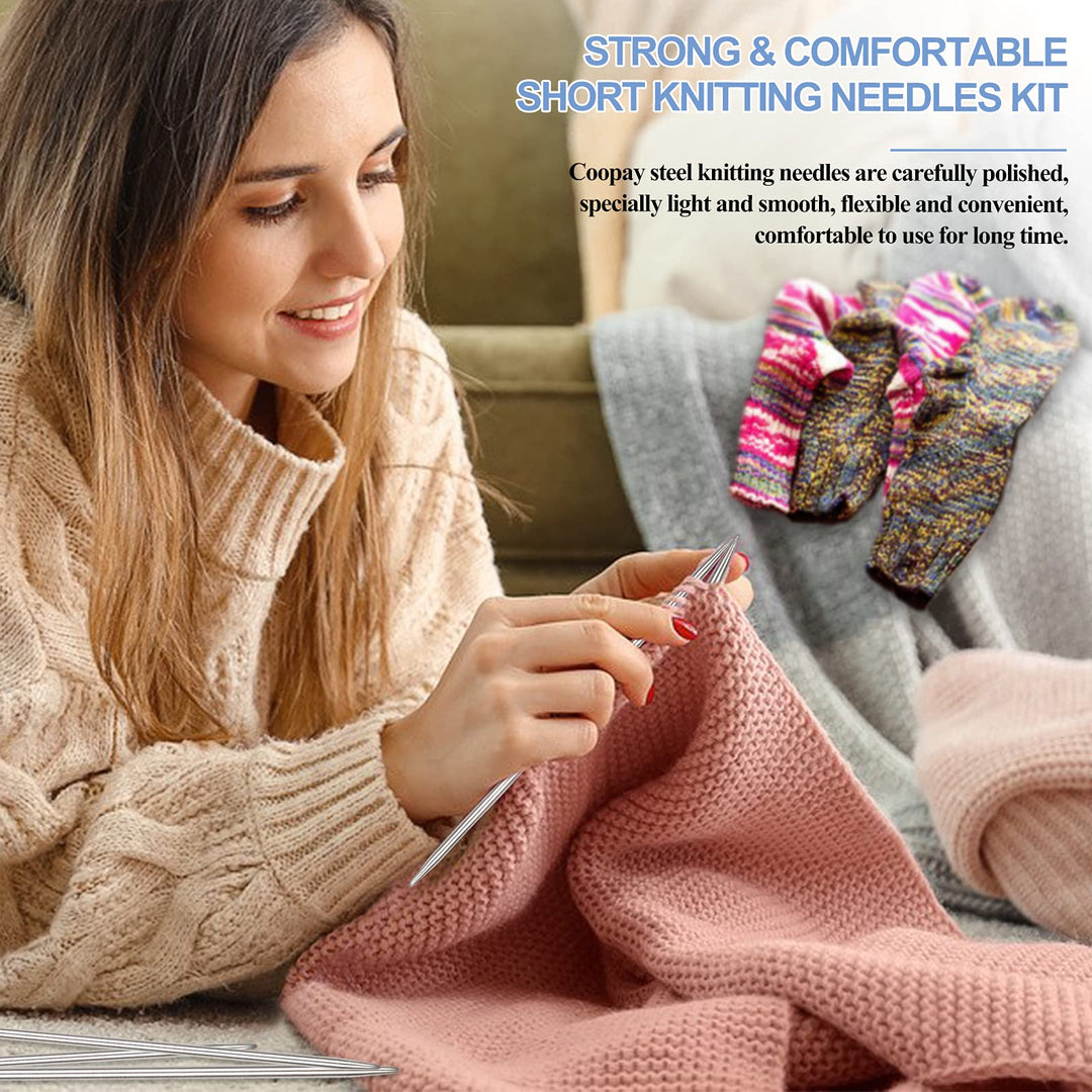 Short Double Pointed Knitting Needles Kit 20cm, Double Ended Stainless Steel Needles 2.0mm to 5.0mm, DPNS Knitting Pins Set for Beginner & Kids, Sock Knitting Needles 35 Pack & Knitting Gauge