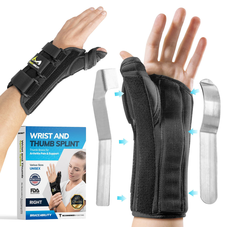 Wrist and Thumb Spica Splint - De Quervain's Tenosynovitis Long Forearm Cast Stabilizer for Tendonitis, Sprains, Thumb Brace for Arthritis Pain and Support - (M Right Hand)