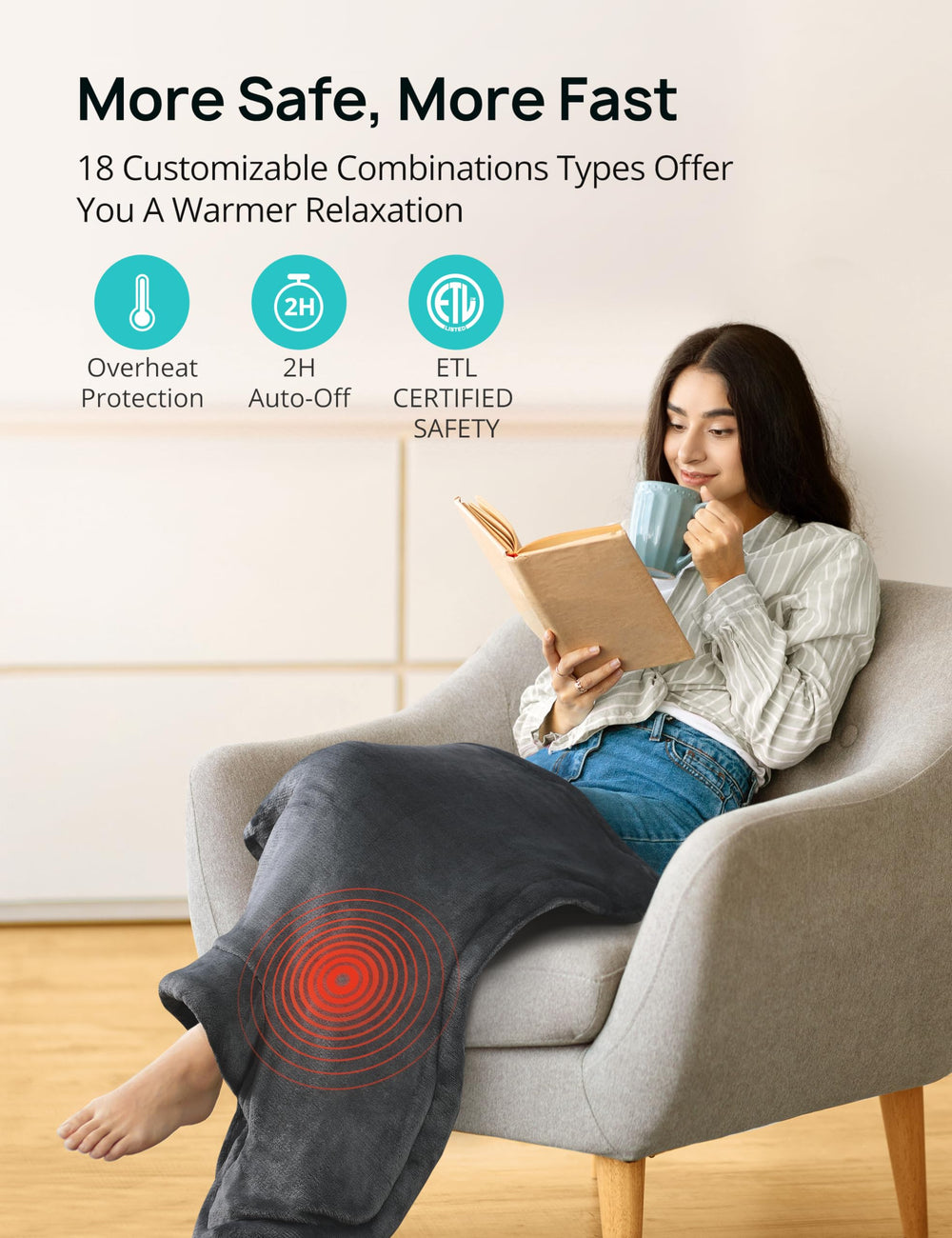 Heating Pad for Back Pain Relief, EVAJOY 24 x 29.5 Large Size Electric Heating Pad for Neck, Back, Shoulders with 3 Heat Levels, 6 Massage Settings, 2H Auto Shut-Off, Gray (AMZEJ-BD033G01)