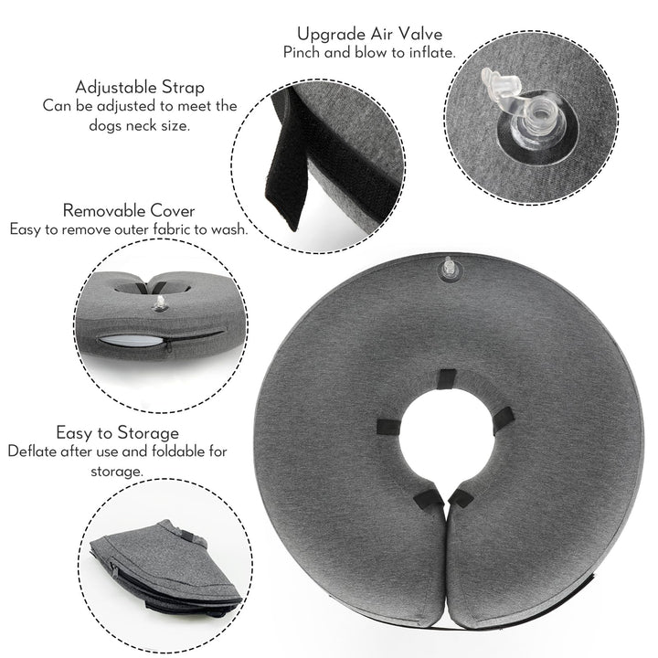 Inflatable Dog Neck Donut Collar Alternative After Surgery, Soft Protective Recovery Cone for Small Medium Large Dogs and Cats Puppies - Alternative E Collar (Gray, XL)