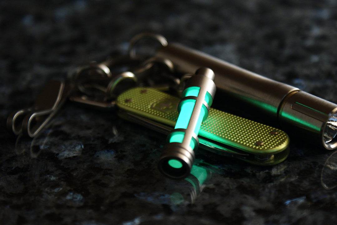 - Embrite Glow Fob - Stainless Steel - Glow in the Dark - Green Embrite Glow Pellet - Keychain Accessories - Everyday Carry - Key Fob - Glow Sticks - Gifts for Men