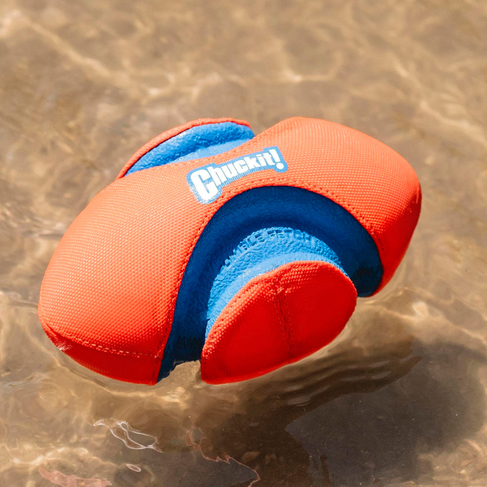 Fumble Fetch Dog Football - Outdoor and Indoor Interactive Dog Toy with Grooved Design for Easy Pickup - Made from Durable Rubber - Floats in Water - Small - Orange and Blue