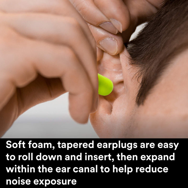 Ear Plugs, E-A-Rsoft Yellow Neons 315-1250, 200 Pair of Disposable Earplugs, Pairs Individually Wrapped, Regular Size, Uncorded, 33 NRR, Tapered Cylinder Shape, Slow Recovery Foam