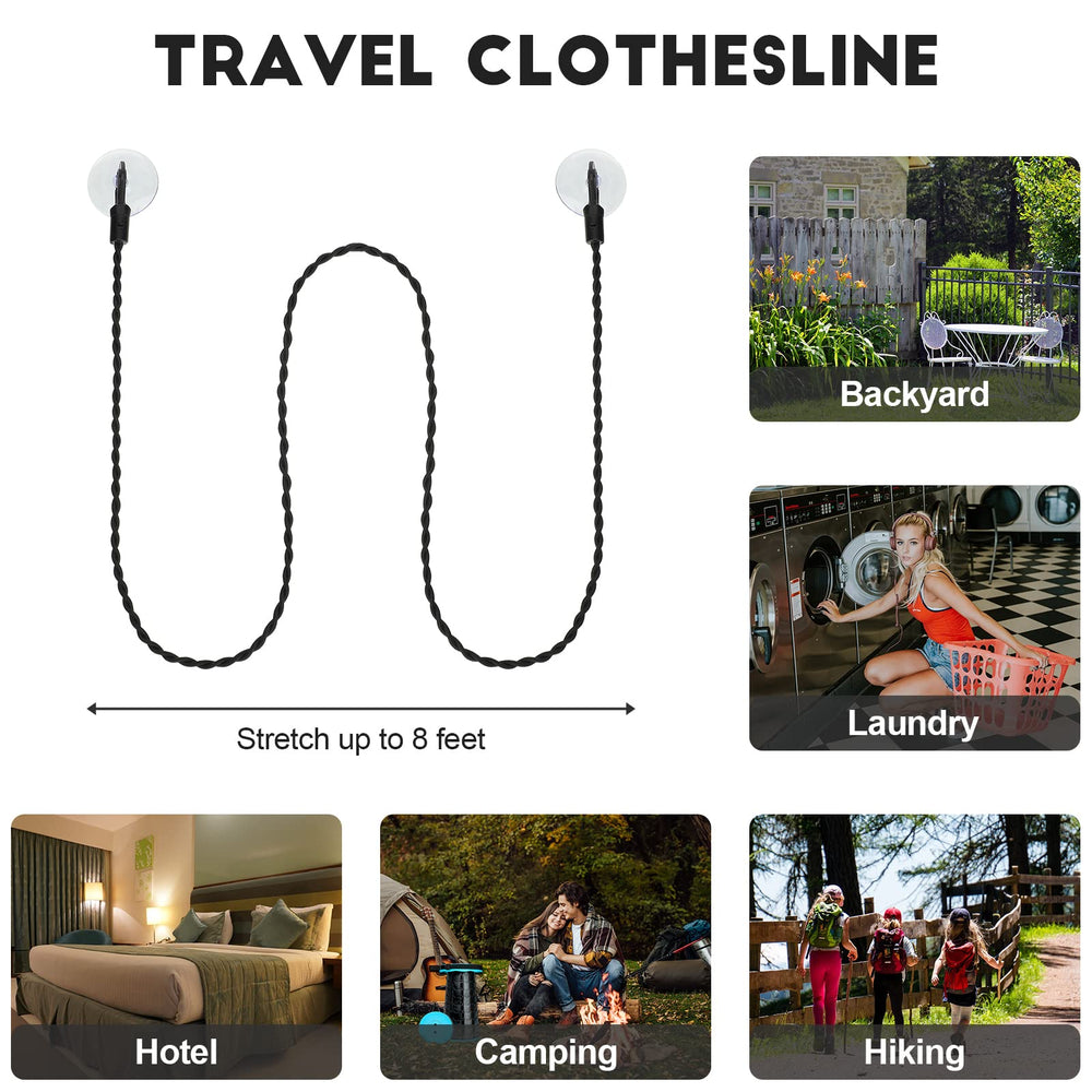2 Pieces Travel Clothesline Portable Retractable Clothesline with Hooks and Suction Cups Camping Accessories Cruise Essentials for Outdoor and Indoor Use (Black, White)