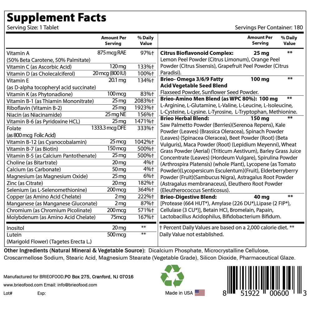 BRIOFOOD Day-to-Day Men's Multi 180 Tablets - Food Based Supplement with Vegetable Source Omegas