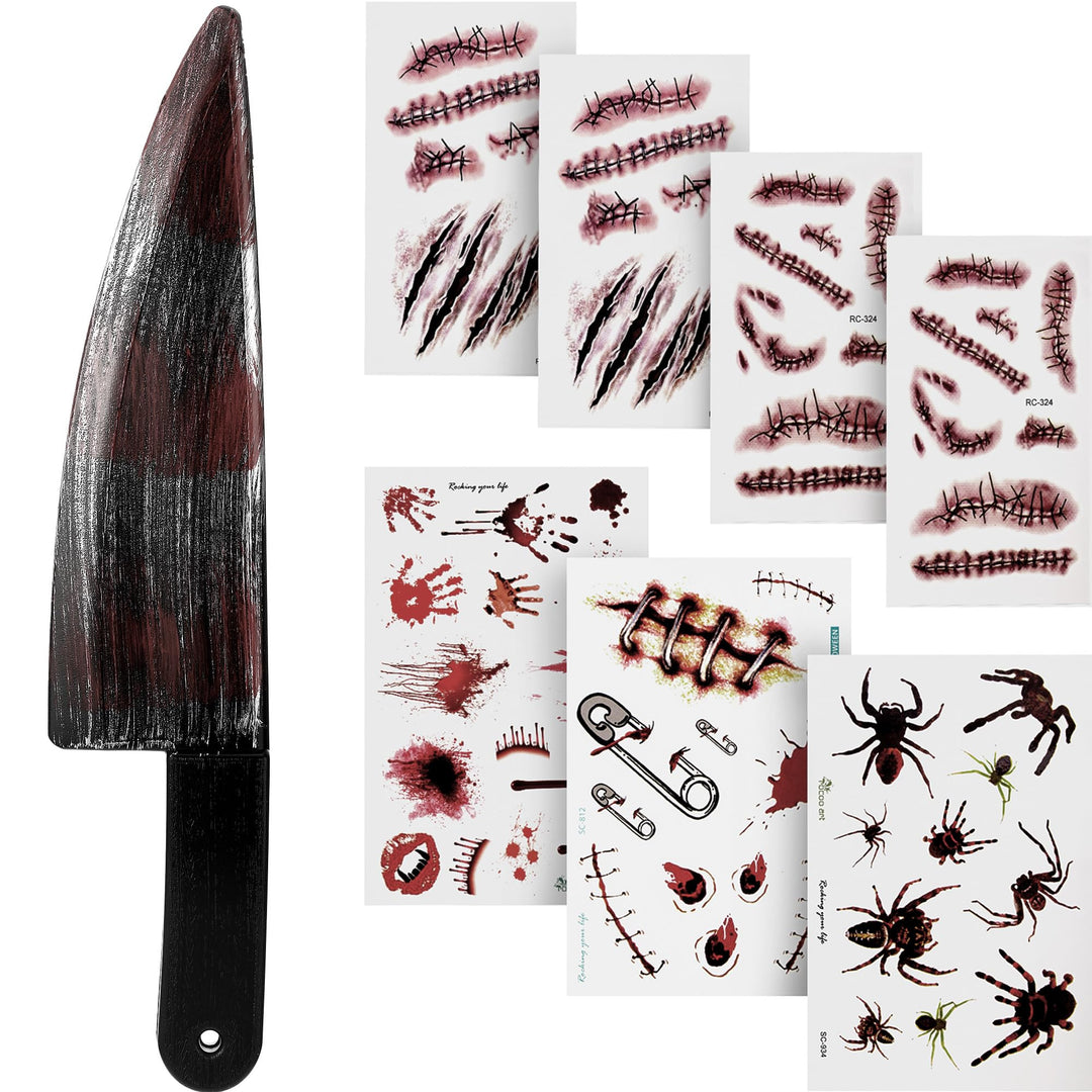 Halloween Bloody Knife Fake Knife with 7 Sheets Scar Tattoo Stickers for Halloween Party Costume (Style B)