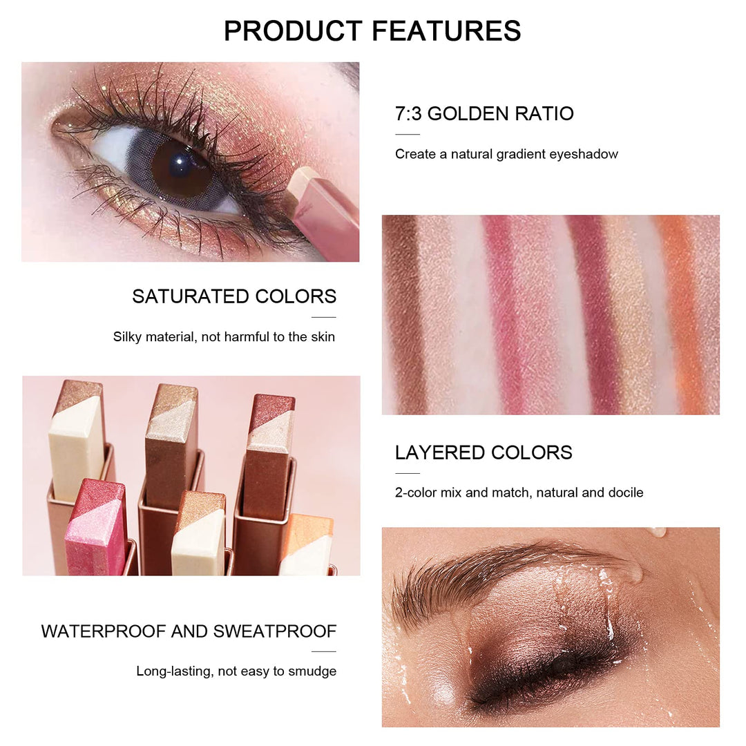 12 Colors Glitter Eye-shadow Stick Set, Two-Tone Shimmer Gradient Eyeshadow Stick Double Colors Eyeshadow Stick Waterproof Glitter Eye Stick Eyeshadow Pen for Women Eye Makeup (6 Pcs)