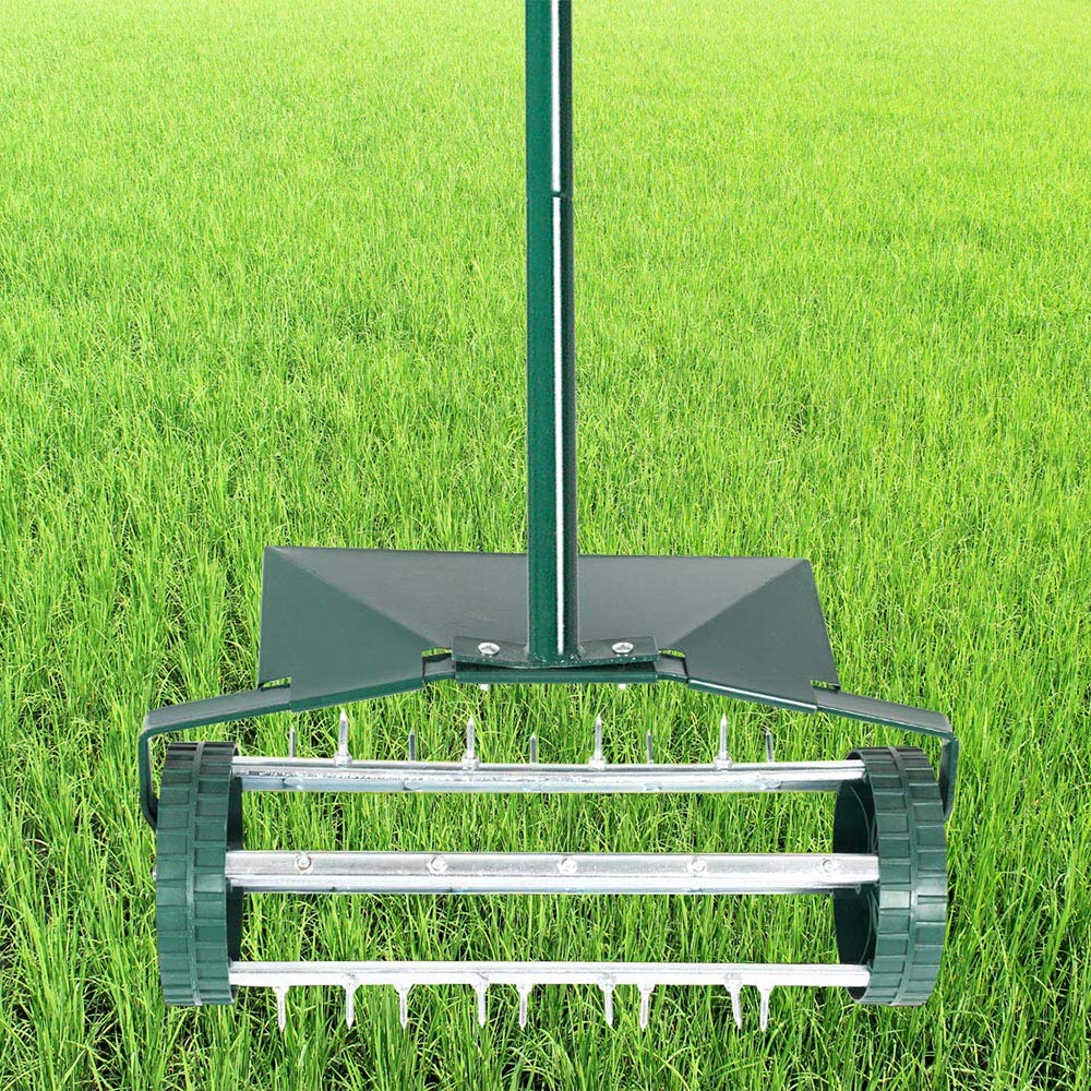 Heavy Duty 18 Inch Aerator Roller Rolling Lawn Garden Spike with Fender Lawn Aerator Home Grass Steel Handle Green Quick and Easy to Assemble