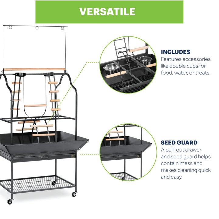 Prevue Pet Products Parrot Playstand with Wheels, Bird Stand Activity Play Center with Perches and Ladders, Indoor Outdoor Playground for Birds, Black Hammertone Finish