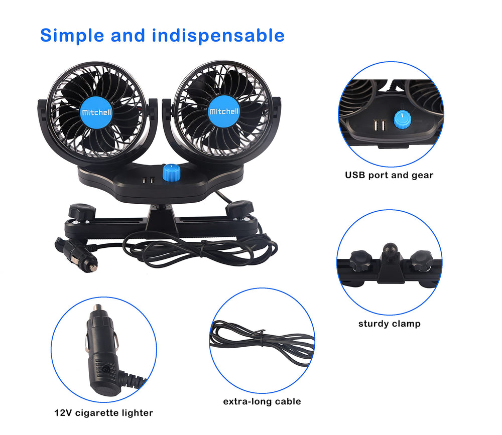 12 Volt Car Fan for Back Seat, Portable Car Seat Fan car essentials, Headrest 360°Rotatable Dual Head Cooling Fan with 2 USB Charging Port & Cigarette Lighter Plug for Vehicles, SUV, RV, Boat