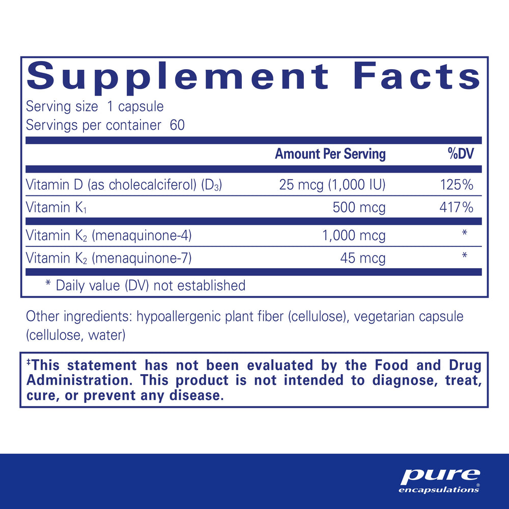 Synergy K - with Vitamin K1, K2 & D3 - Supports Bones, Blood Vessels, Vascular Elasticity & Calcium Utilization* - Includes Cholecalciferol - Gluten Free & Non-GMO - 60 Capsules