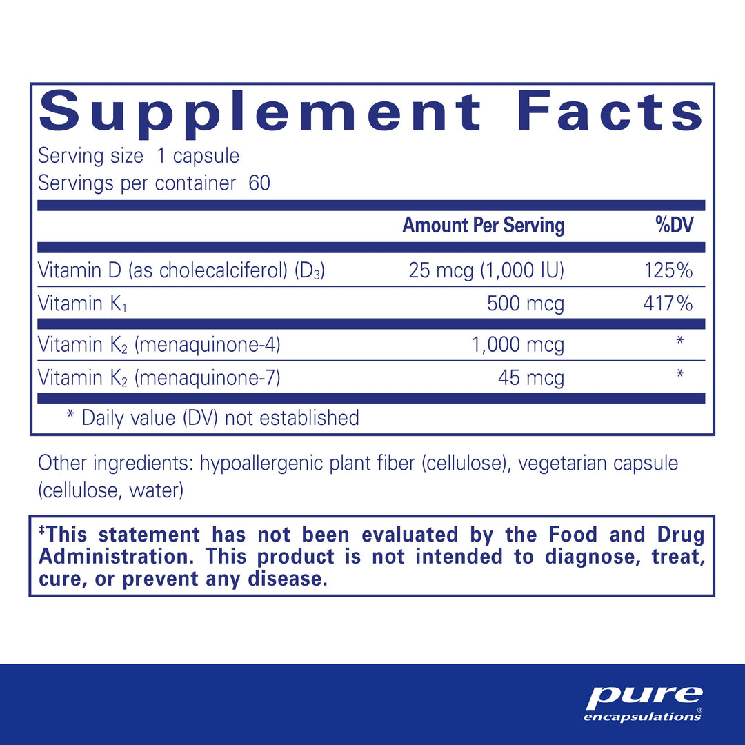 Synergy K - with Vitamin K1, K2 & D3 - Supports Bones, Blood Vessels, Vascular Elasticity & Calcium Utilization* - Includes Cholecalciferol - Gluten Free & Non-GMO - 60 Capsules