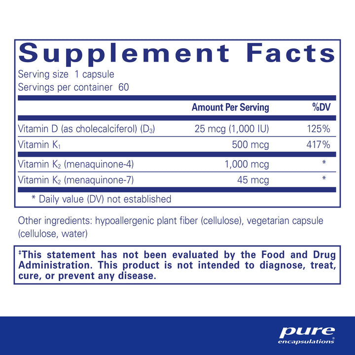 Synergy K - with Vitamin K1, K2 & D3 - Supports Bones, Blood Vessels, Vascular Elasticity & Calcium Utilization* - Includes Cholecalciferol - Gluten Free & Non-GMO - 60 Capsules