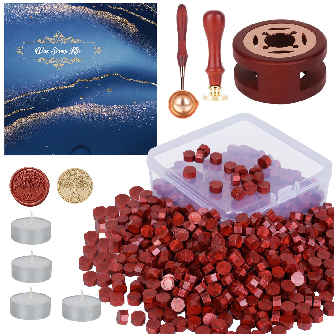Wax Seal Stamp Kit, 357Pcs Wax Sealing Sets with Wax Beads, Seal Stamp, Wax Seals Warmer, Spoon, Candles, Wax Seal Kit for Christmas Vintage Envelopes Letters Mailing Crafts Gift(Wine Red)