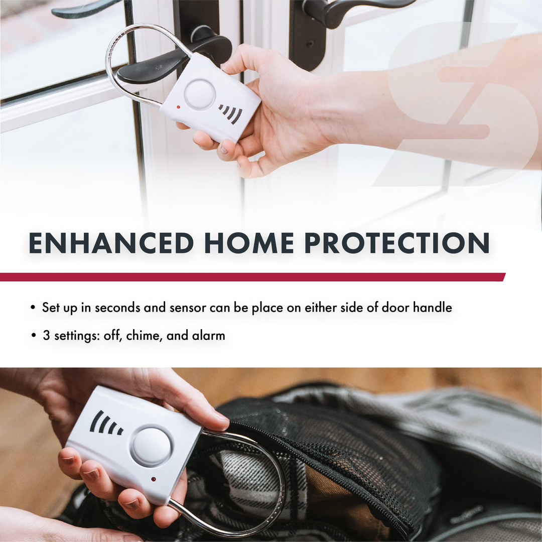 110dB Door Handle Alarm, Extremely Loud Wireless Alarm Audible Up To 680 Ft Away, Hangs Off Door Knob or Handle, Vibration-Triggered Home Security Alarm, 3 Adjustable Settings, Great for Travel