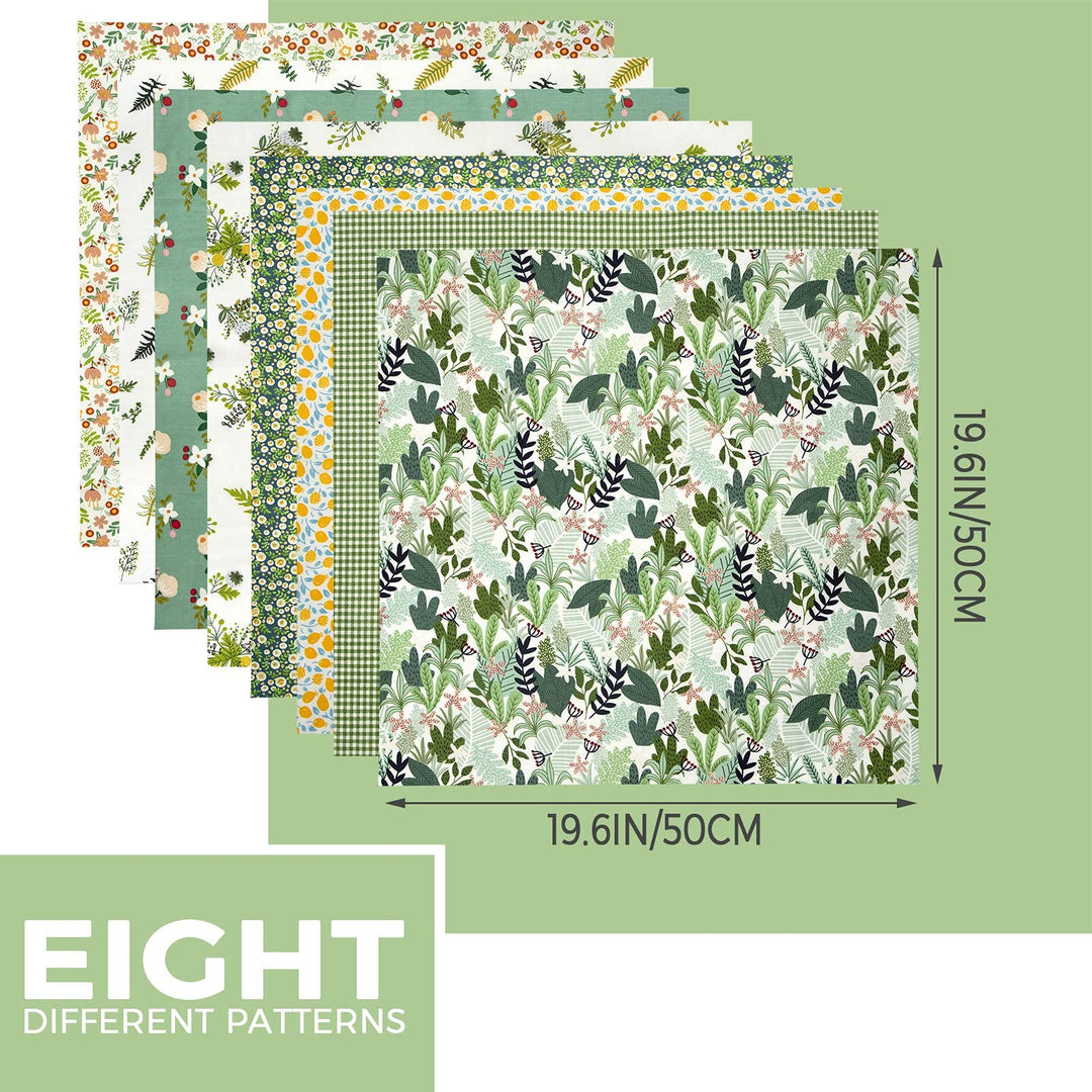 8pcs Fat Quarter Fabric Bundles 19.6'' x 19.6''(50cm x 50cm) Cotton Craft Fabric Pre-Cut Squares Sheets for Patchwork Sewing Quilting Fabric(Green Floral)