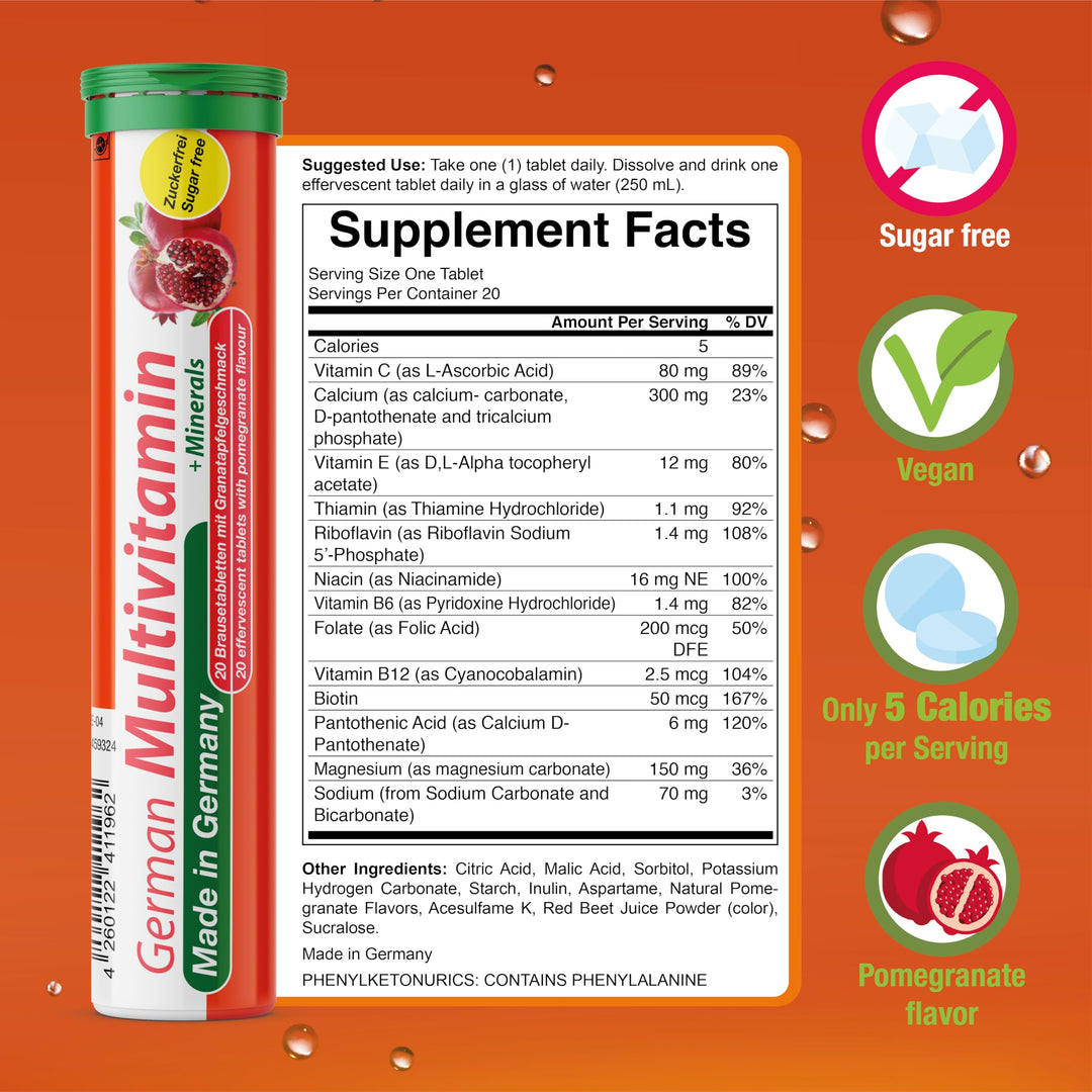 T&D German Multivitamin + Mineralien Drink Effervescent Tablets 140 Servings Pomegranate Flavour – 10 Vitamins + 2 Minerals – Made in Germany