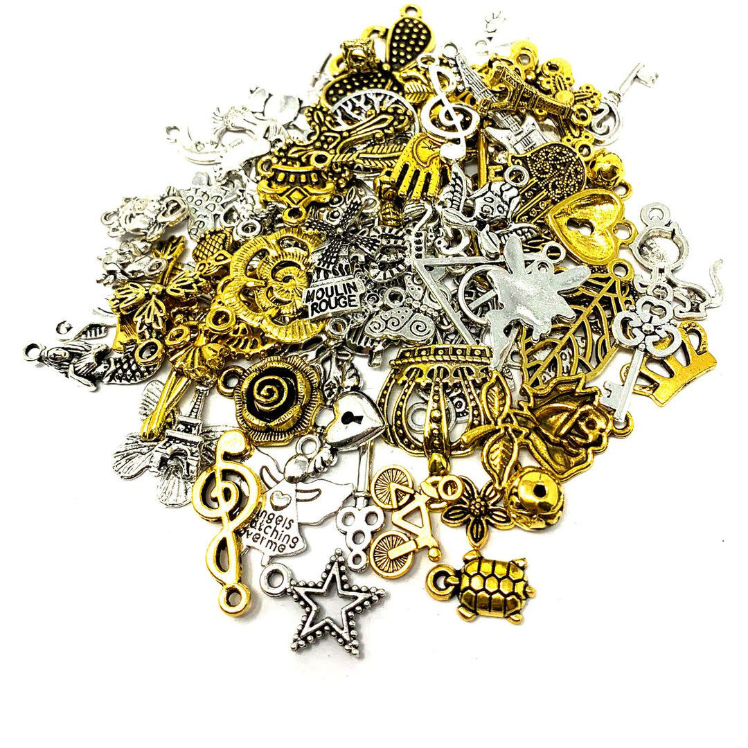 100 PCS Wholesale Bulk Lots Jewelry Making Charms Mixed Antique Silver&Golden Alloy Charms Pendants DIY for Necklace Bracelet Jewelry Making and Crafting