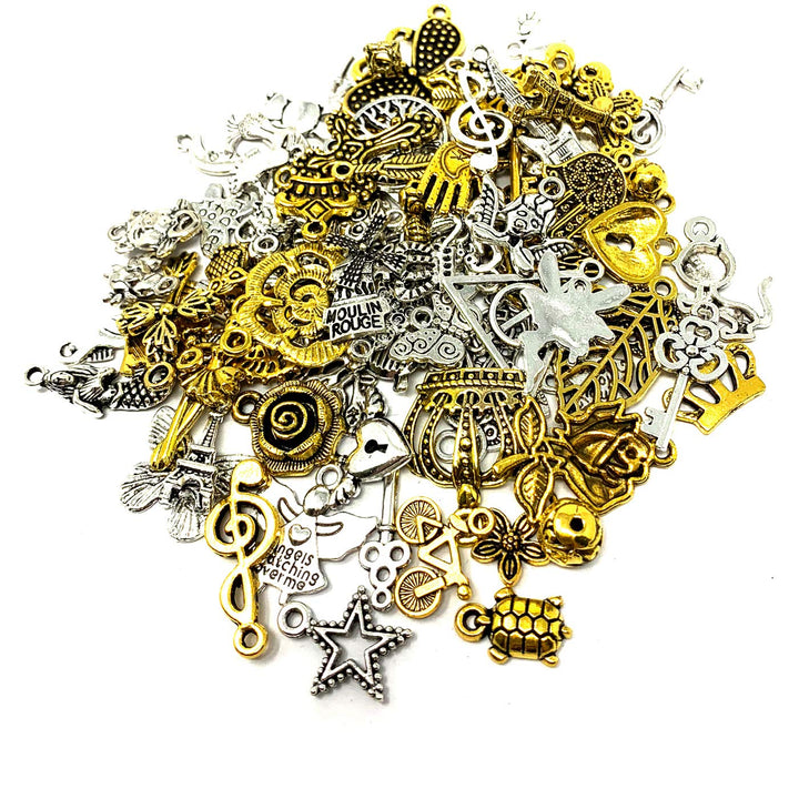 100 PCS Wholesale Bulk Lots Jewelry Making Charms Mixed Antique Silver&Golden Alloy Charms Pendants DIY for Necklace Bracelet Jewelry Making and Crafting