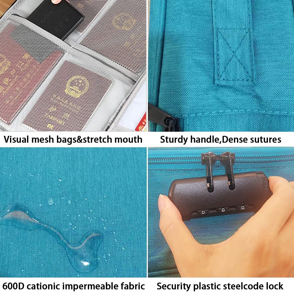Oxford Document Bag with Safe Lock, Multi-Layer Storage Pouch, Diploma Without Vibration, Portable for MacBook, Passport, Package File, A4 Size, Lake Blue
