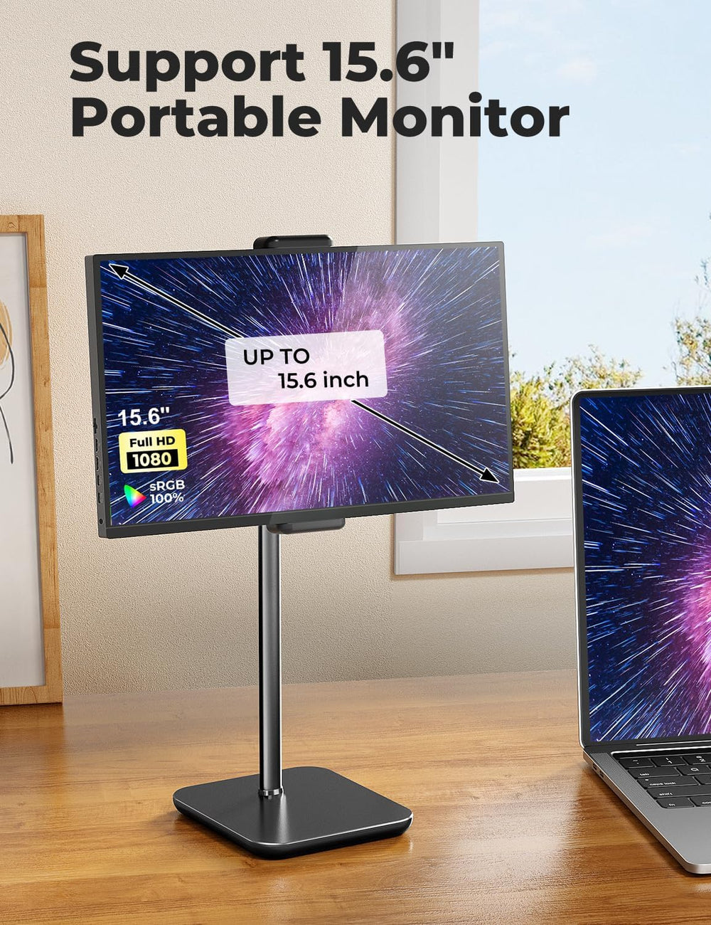 Adjustable iPad Stand with 21 Height Extension, 360° Swivel Tablet Holder for Desk, Surface Pro Stand, Portable Monitor Stand Compatibility with 4.7-15.6 Tablets and Smartphones, Display - Black