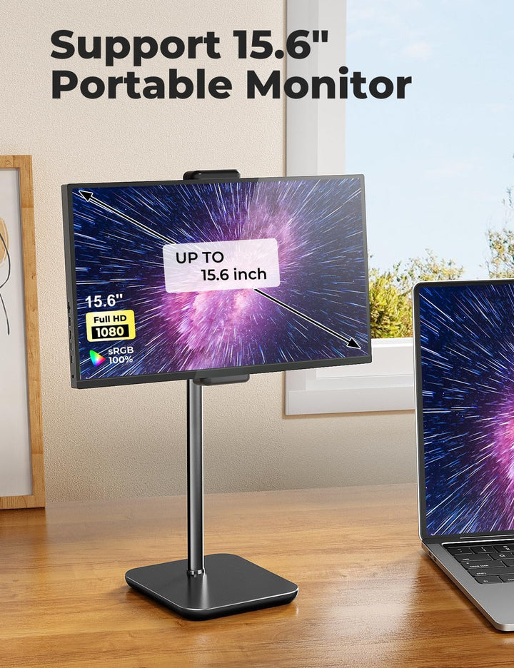 Adjustable iPad Stand with 21 Height Extension, 360° Swivel Tablet Holder for Desk, Surface Pro Stand, Portable Monitor Stand Compatibility with 4.7-15.6 Tablets and Smartphones, Display - Black