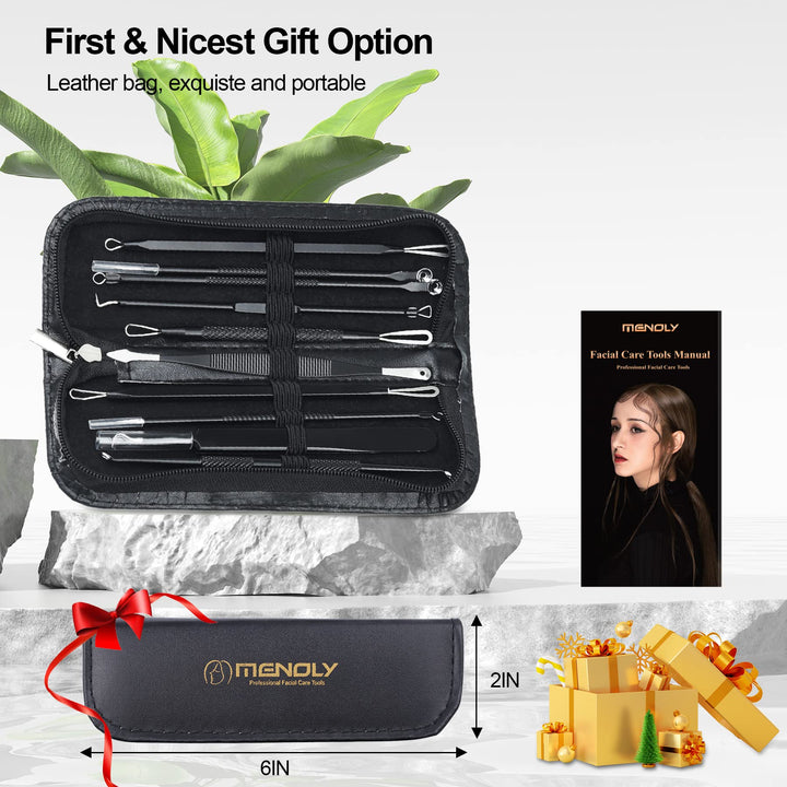 Pimple Popper Tool Kit 10 Pcs, Newest Blackhead Remover Pimple Comedone Extractor Tools for Easy and Fast Removal of Blackheads, Pimples and Blemish on Face, with Elaborate Leather Bag