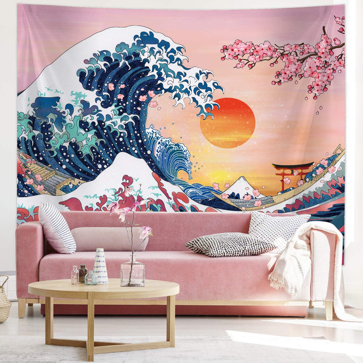 The Great Wave Tapestry Japanese Ocean Wave Wall Tapestry Cherry Blossom Tree Backdrop Sunset Tapestry Mountain Hanging Kanagawa Tapestry for Japanese Living Room Bedroom Decorations (59 x 78.7 Inch)