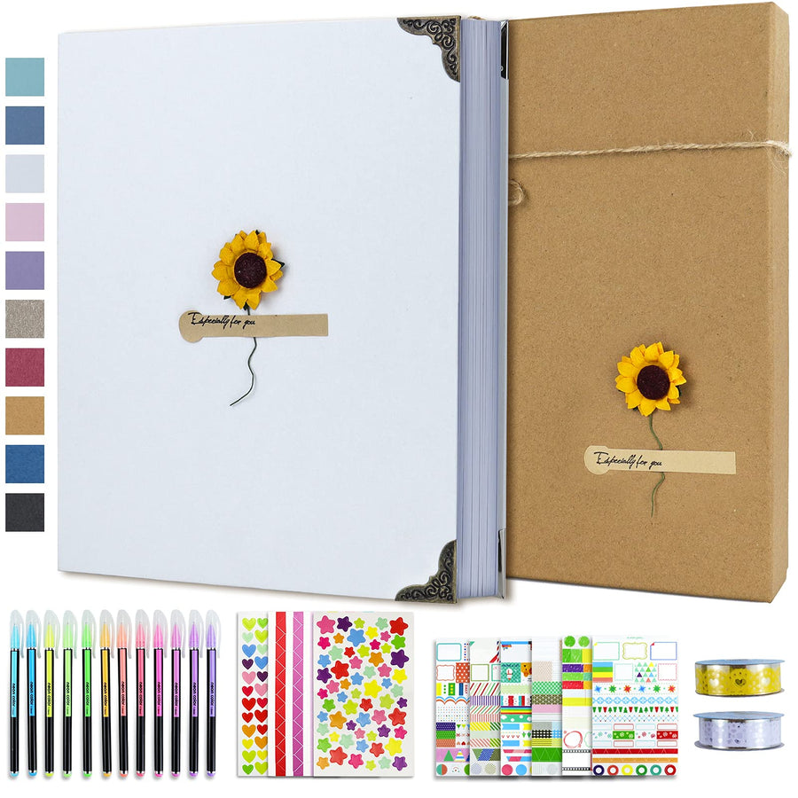 DIY Scrapbook Photo Album Kit with Pens Tapes and Stickers 60 Pages Hardcover 8.3x10.5 Inches 3 Rings Removable Blank Paper Scrapbooking for Lover Friends Kids Wedding White