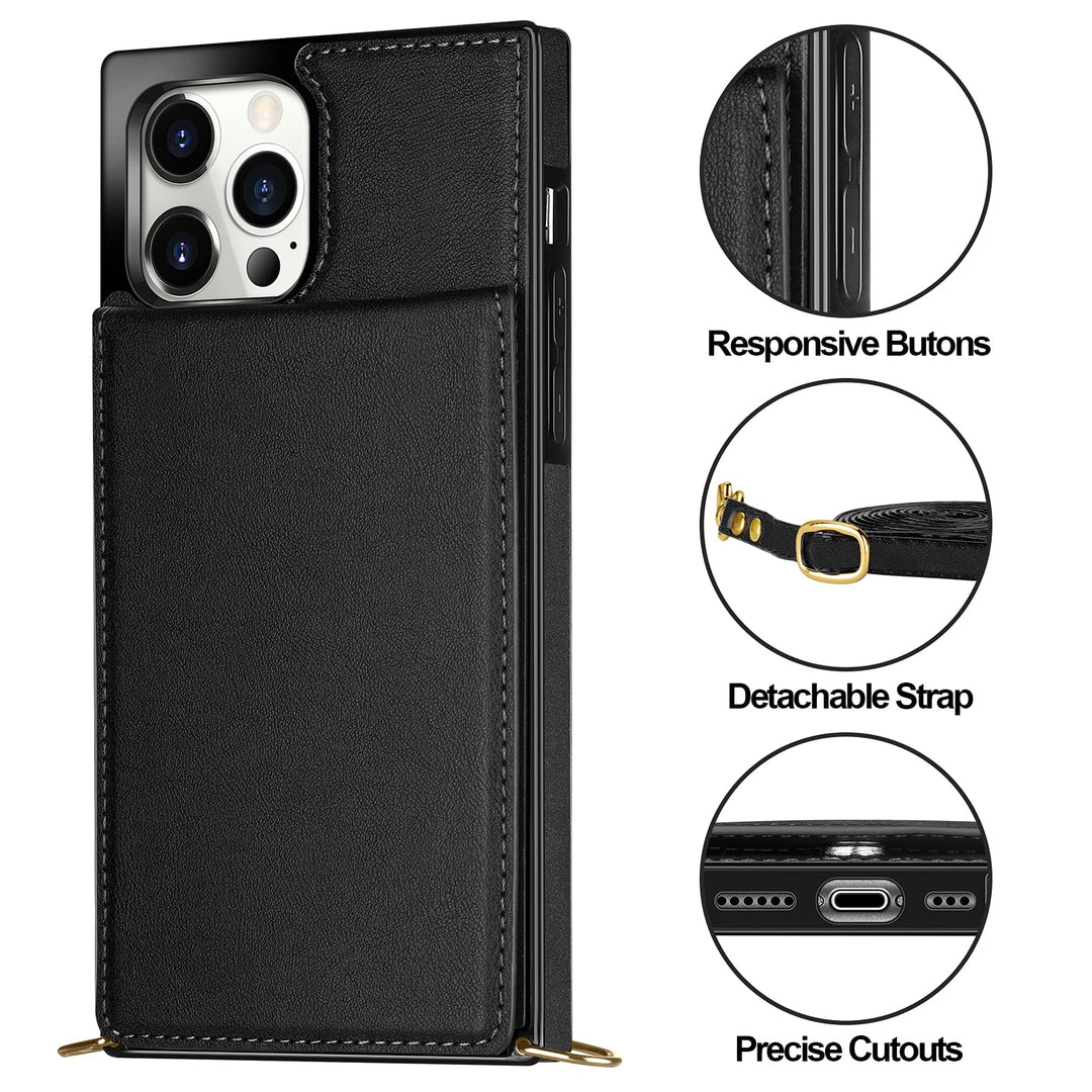 Compatible with iPhone 13 Pro Max Case Wallet with Credit Card Holder Lanyard Crossbody Strap Women Girls Leather Magnetic Clasp Kickstand Heavy Duty Protective Flip Cover Black