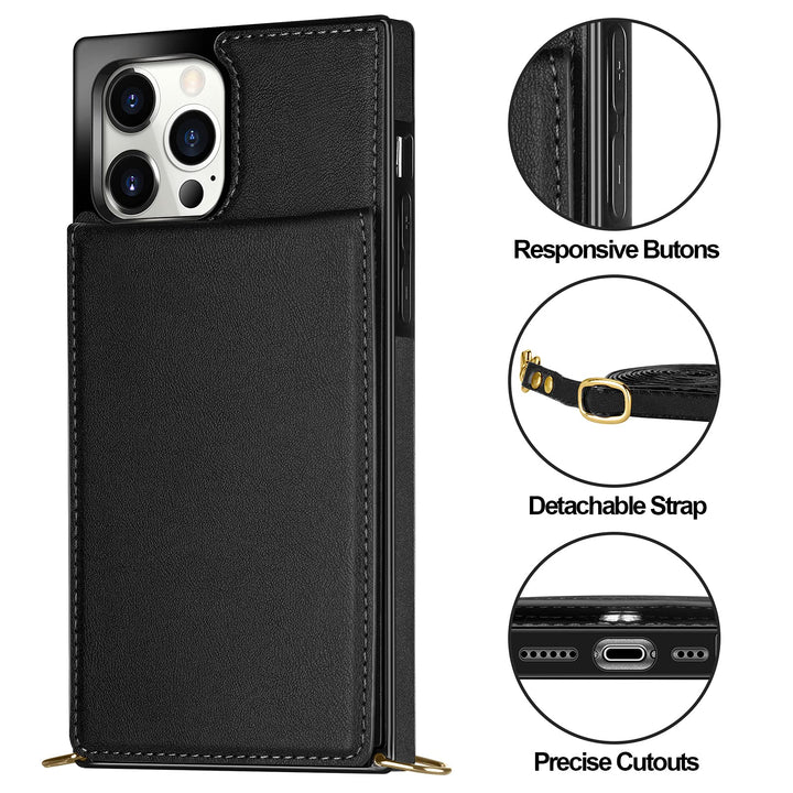 Compatible with iPhone 13 Pro Max Case Wallet with Credit Card Holder Lanyard Crossbody Strap Women Girls Leather Magnetic Clasp Kickstand Heavy Duty Protective Flip Cover Black