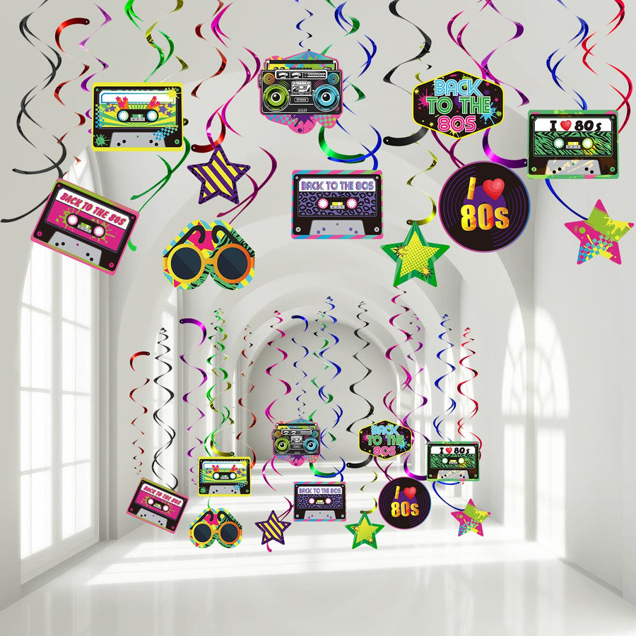 30 Pieces 80s Party Decorations, 80's Retro 1980s Party Hanging Swirls Ceiling Decorations Foil Double Spiral 80's Hip Hop Sign Hanging Swirls Decorations for Back to The 80's Party Theme Supplies