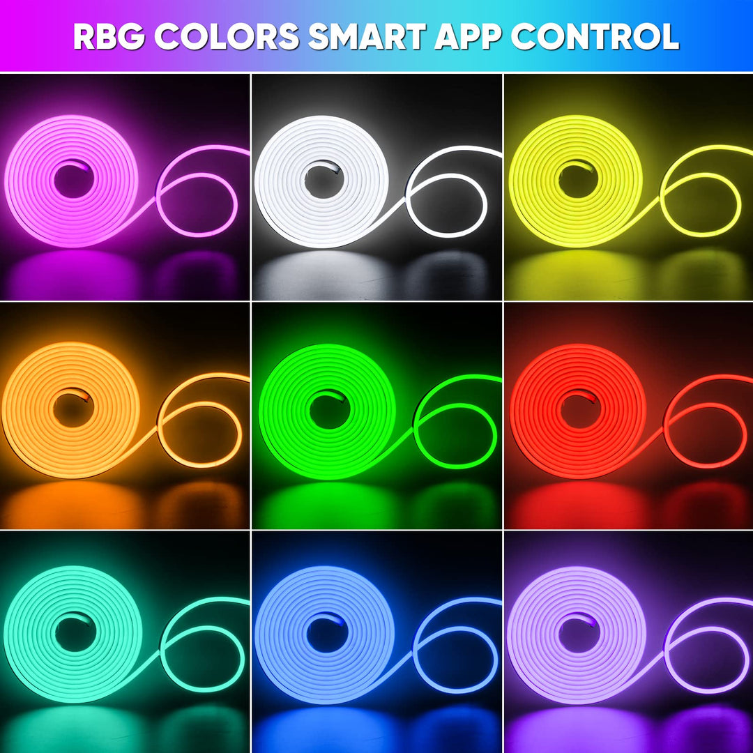 12V Smart Neon LED Neon Strip Lights RGB, Music Sync 16.4FT Flexible Silicone Neon Rope Lighting APP Bluetooth Control, Dimmable Custom Cuttable IP65 Waterproof for Indoor Outdoor