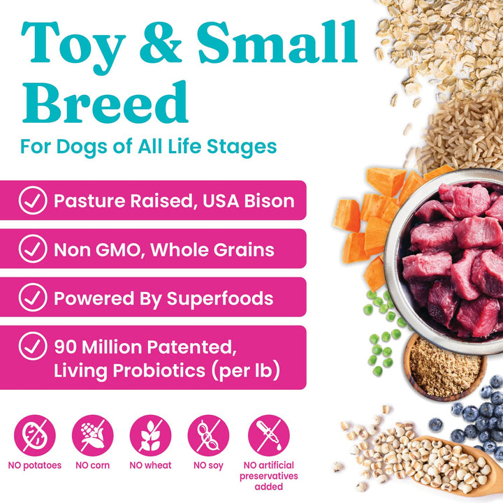 Small Breed Dog Food - Whole Grain Made w/Real Bison, Brown Rice, & Pearled Barley - High Fiber, Probiotic Dry Dog Food for Dogs with Sensitive Stomachs - 4 LB