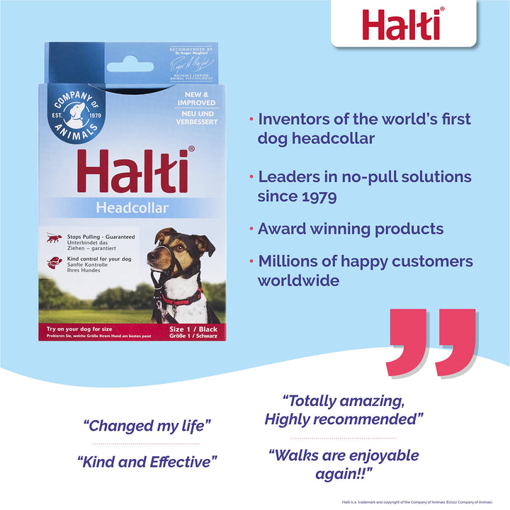 HALTI Headcollar - To Stop Your Dog Pulling on the Leash. Adjustable, Reflective and Lightweight, with Padded Nose Band. Dog Training Anti-Pull Collar for Small Dogs (Size 1, Black)