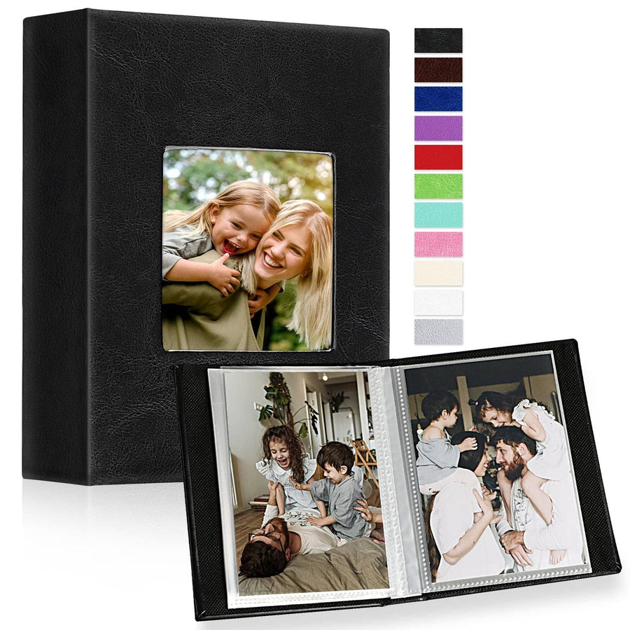 Photo Album 4x6 100 Pockets 2 Packs, Small Mini Capacity Leather Photo Albums, Each Pack Holds 100 Top Loader Vertical Only Pictures Black