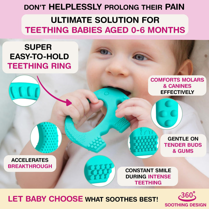 Teething Toys for Babies Age 0 to 12 Months - Baby Elefun 5X Pain Relief Smart Teether - Zero Developmental Delay Silicone Baby Teething Toy Ring - Cute Infant Shower Gift Chew Toy for Babies