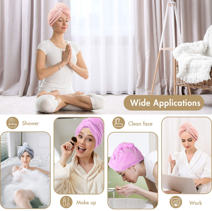 Microfiber Hair Towel Wrap 3+1 Pack Hair Towel, Quick Dry Super Absorbent Hair Towel Wrap for Women Girl Family Curly Long & Thick Wet Hair Anti Frizz Button Choose Design (Pink/Purple/Gray)