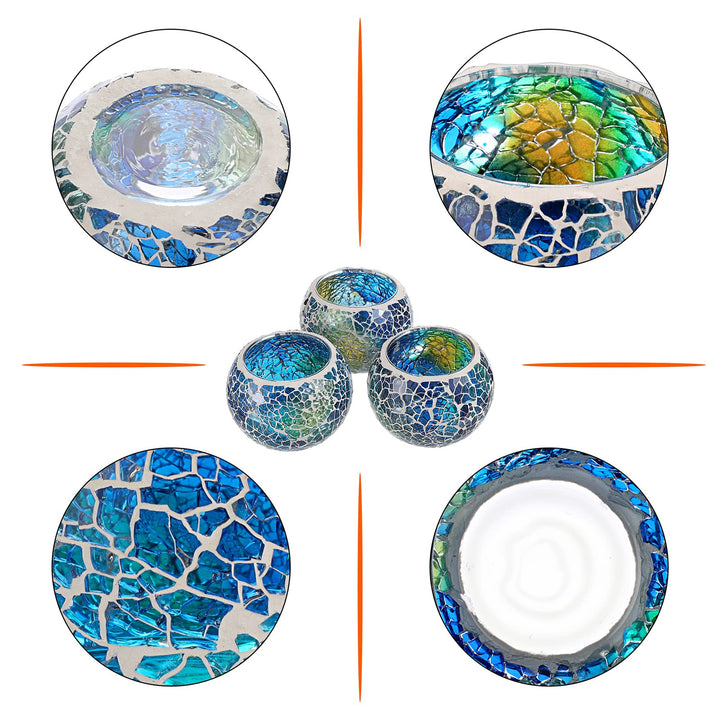 Set of 3 Blue Mosaic Glass Tea Light Holders Round Bowl Votive Candle Holders Pillar Candle Stands, Glass Mosaic Tealight Holders Potted Plant Bowl Vase Candle Centerpiece for Table Wedding