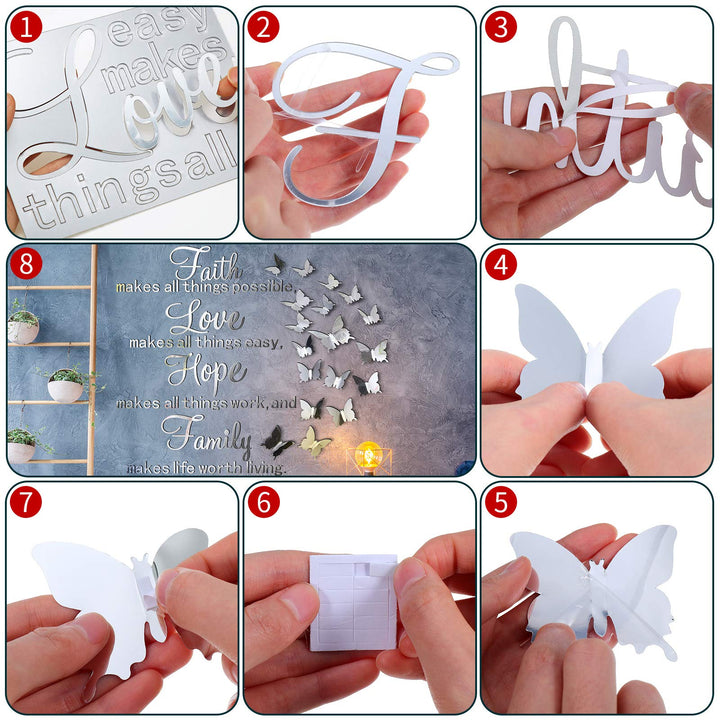 3D Acrylic Mirror Wall Decor Stickers Removable Butterfly Mirror Wall Stickers DIY Faith Makes All Things Possible for Home Office School Teen Dorm Room Mirror Wall Decoration (Silver)