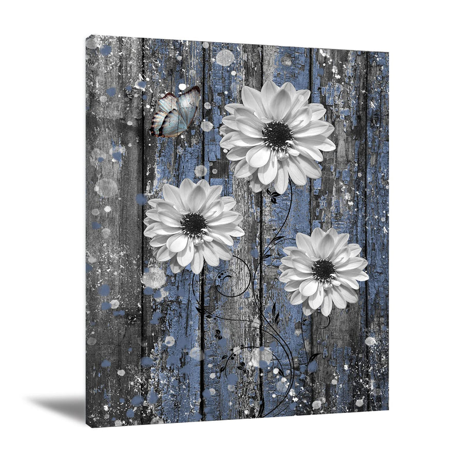 Rustic Farmhouse Dahlia Wall Art Bathroom Wall Decor Blue Dahlia Picture Rustic Blue Flowers Butterfly Canvas Print Painting Dahlia Wood Board Artwork for Bedroom Living Room Unframed