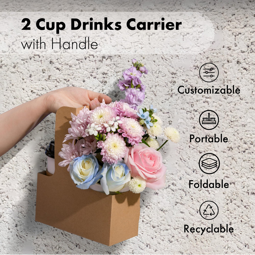 2 Cup Drink Carrier with Handle for Delivery, 25 Pack Portable Foldable Drink Carrier Caddy for 12-30 oz Cold Hot Drinks, to Go Cups Holder for Take Out, Uber Eats, Doordash, Grubhub