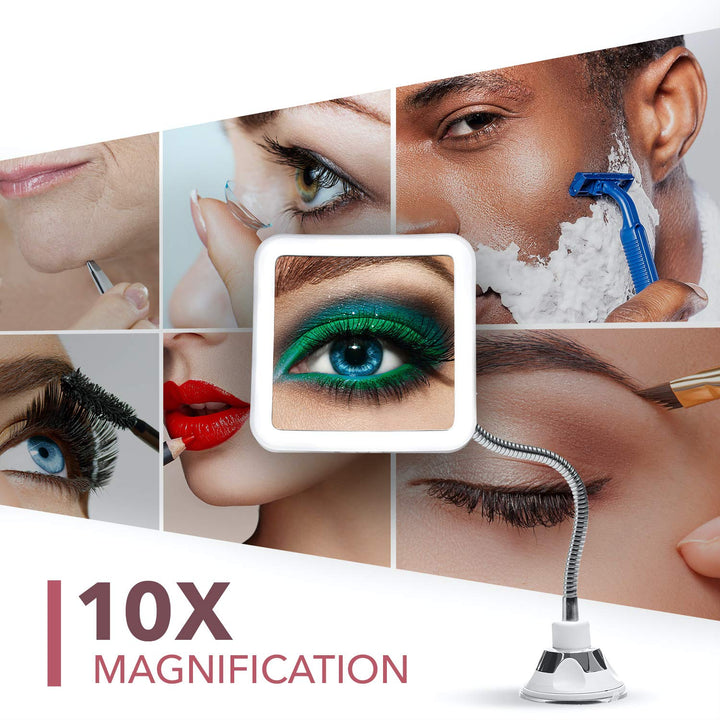 Flexible Magnifying Mirror 10X with LED Light and Gooseneck, Lighted Travel Makeup Mirror, Lock Suction, Natural Daylight LED, Cordless and Portable (Mira Plus)