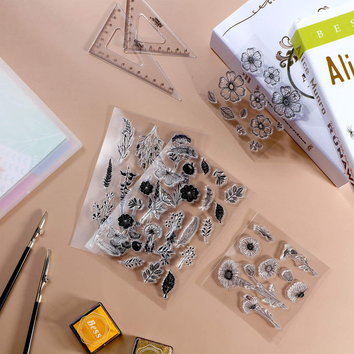 9 Pieces Flower Series Clear Stamp Crafts Flowers Silicone Stamps and Acrylic Stamp Blocks Tools with Grid Lines for Card Making Decor DIY Scrapbooking (Transparent)