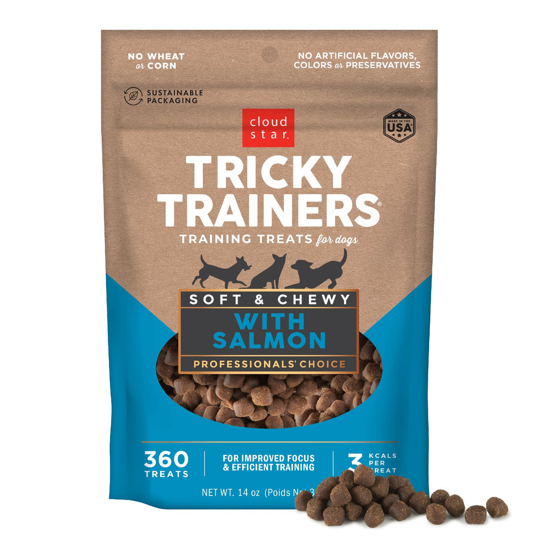 Tricky Trainers Soft & Chewy Dog Training Treats 14 oz. Pouch, Salmon Flavor, Low Calorie Behavior Aid with 360 Treats